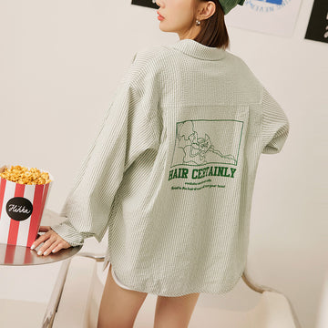 Casual Hihka Cartoon Print Long Striped Oversized Shirt Top