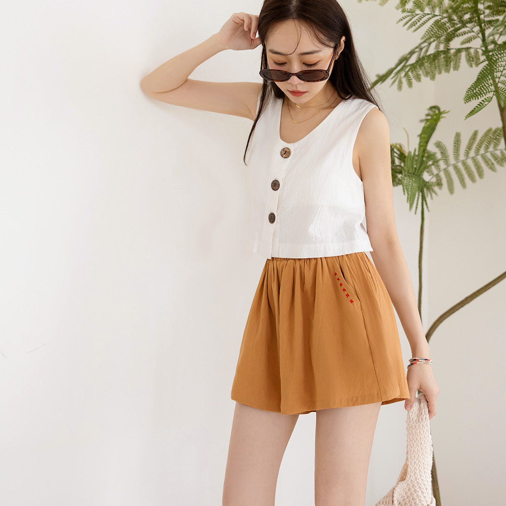 Cotton Embroidered Elastic Waist Shorts