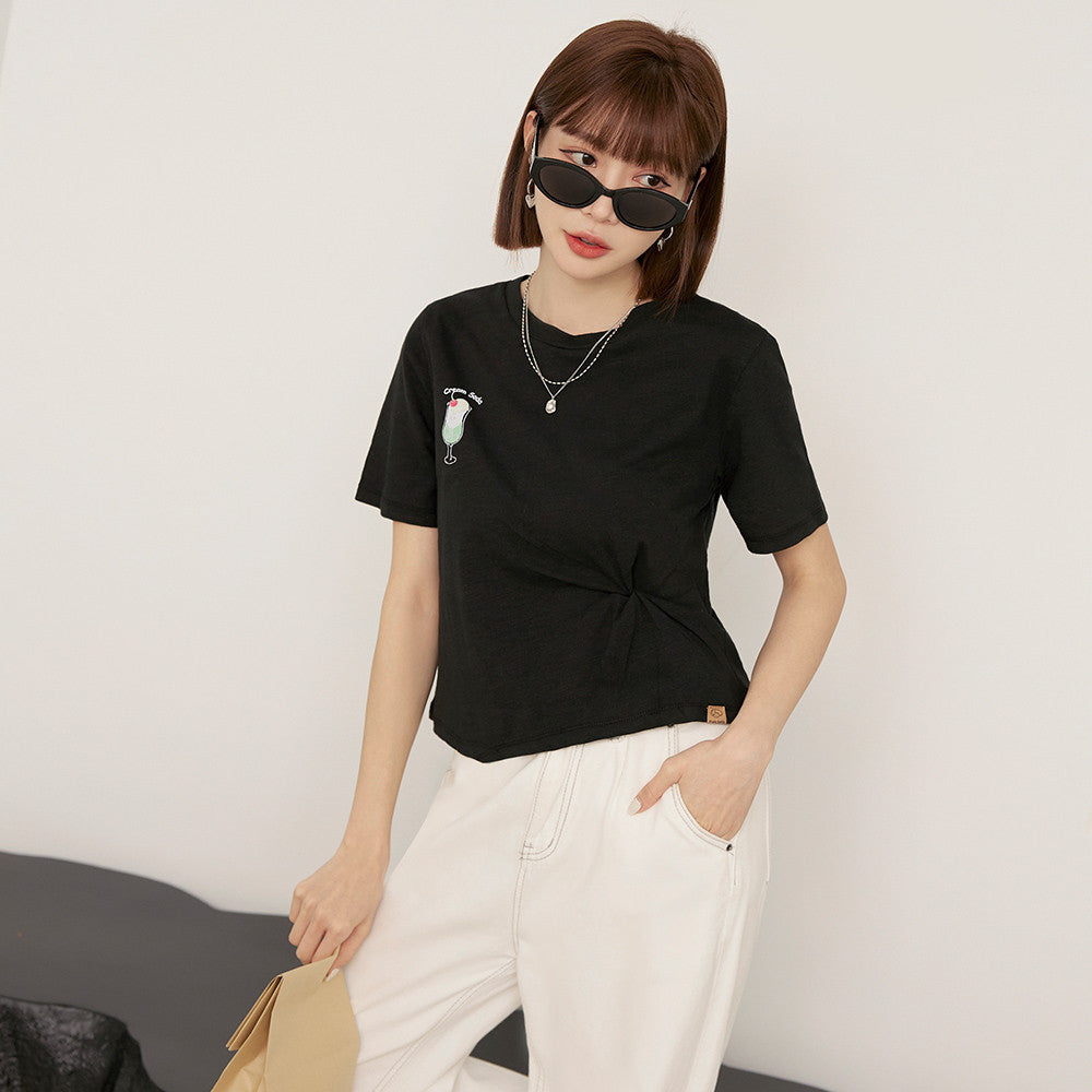 Cute Cartoon Cotton Ruched Crop T-Shirt Top