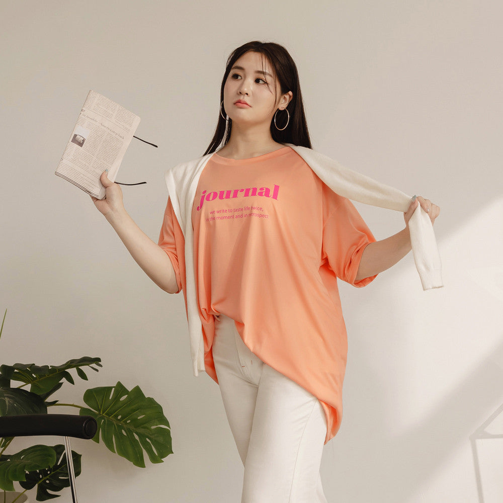 Casual Long Oversized Journal Print Loose T-Shirt Top