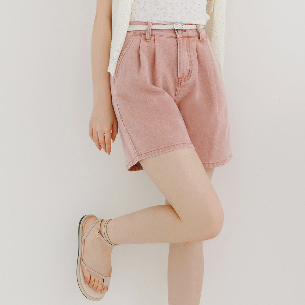 Casual Pastel Denim Pleated Shorts Pants