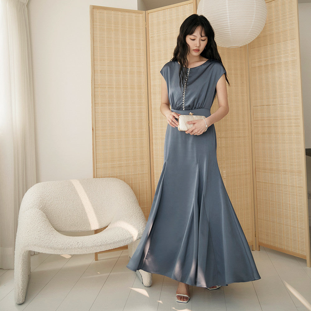 Wedding Dinner Party Pearl Button Long Maxi Fishtail Dress