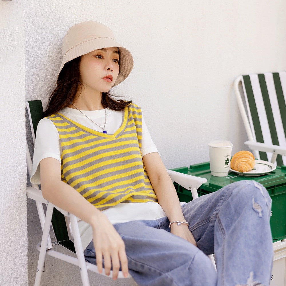 V-Neck Stripe Cotton Vest T-Shirt Top