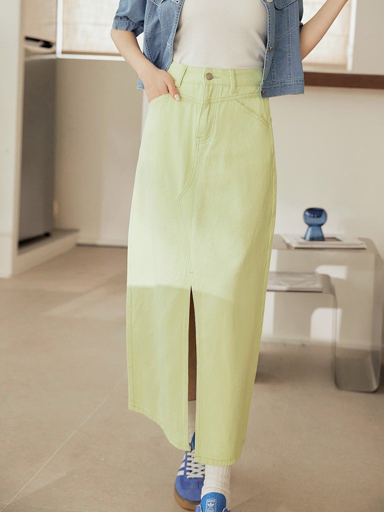 Long Maxi Open Slit Denim Cotton Skirt