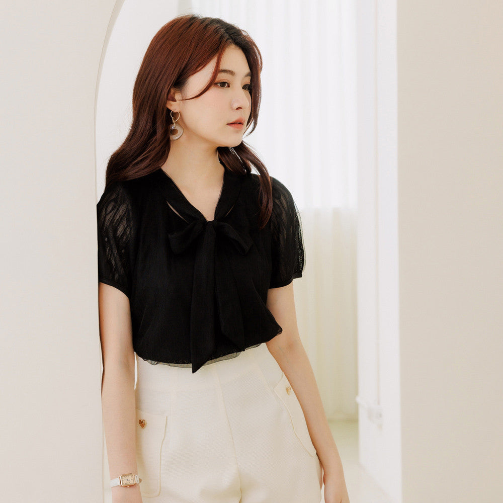 Lace Tie Collar Short Sleeve Blouse Top