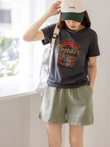 Retro Car Print Cotton T-Shirt Top