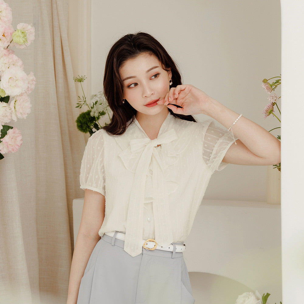 Ruffle Chiffon Tie Neck Short Sleeve Blouse Shirt Top