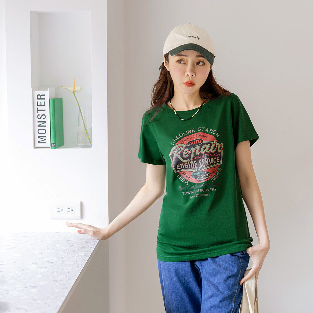 Retro Car Print Cotton T-Shirt Top