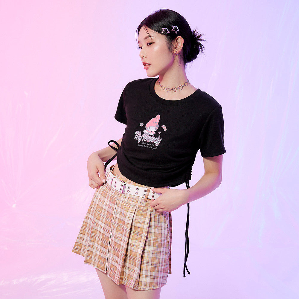 Ob Design Kuromi Melody Women Casual Cropped Tie Short T-Shirt Top