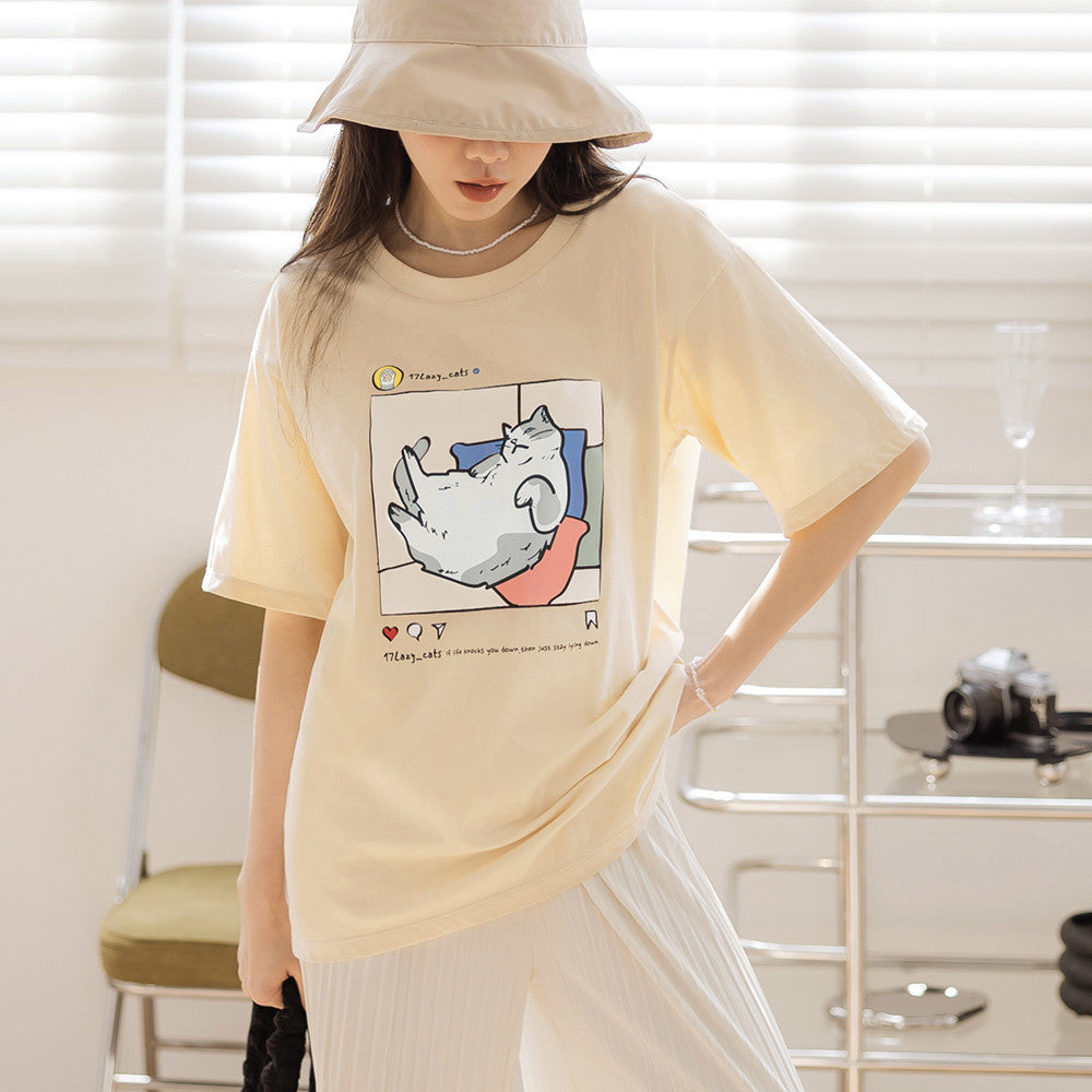 Cat Print Loose Cotton Short Sleeve T-Shirt Top