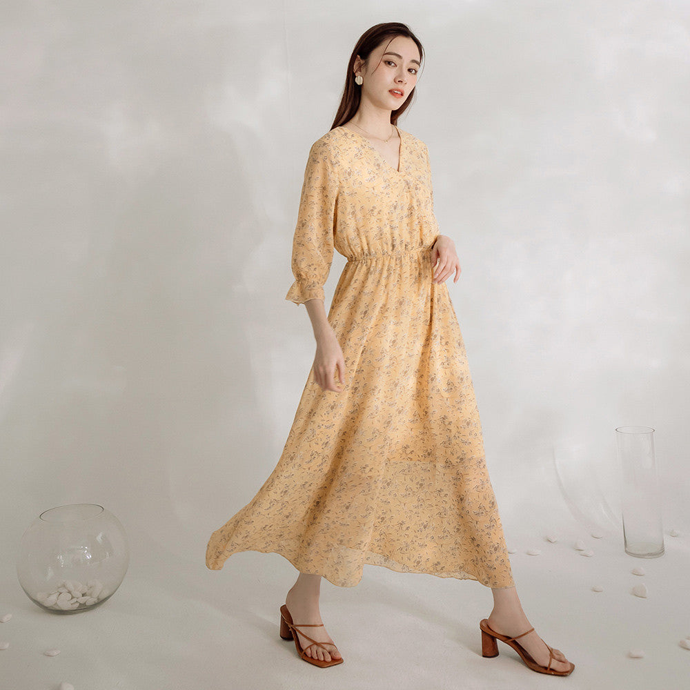 Korean V-Neck Floral Print Chiffon Long Maxi Summer Dress