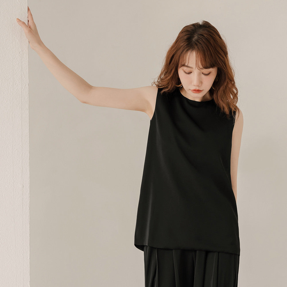 Basic Solid Slit Layered Long Sleeveless Shirt Top