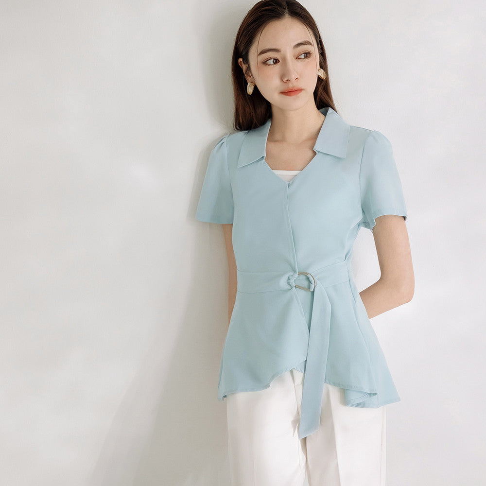 Work Soft Smooth Lapel Collar Wrap Blouse Top