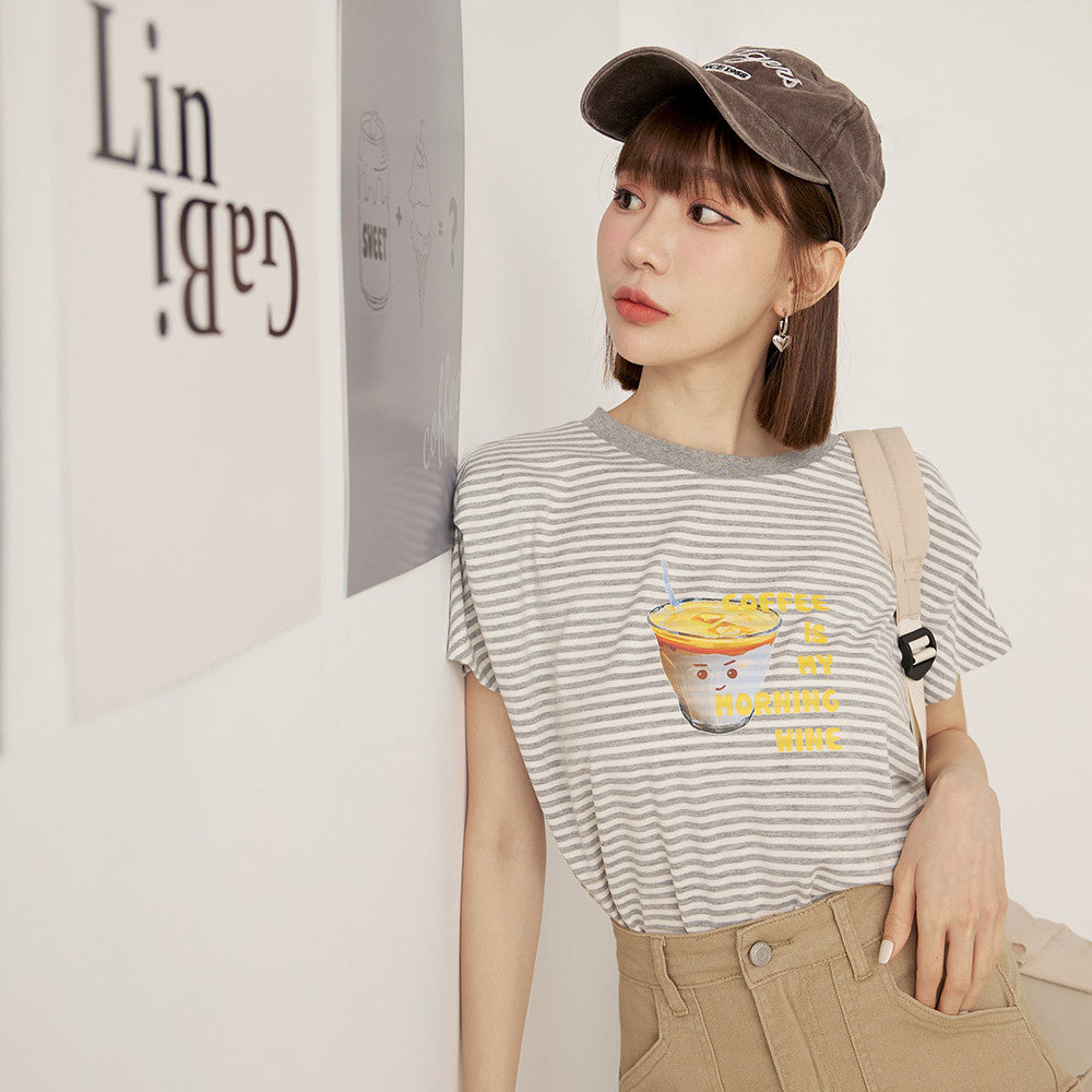 Cute Stripe Loose Coffee Print T-Shirt Tee Top