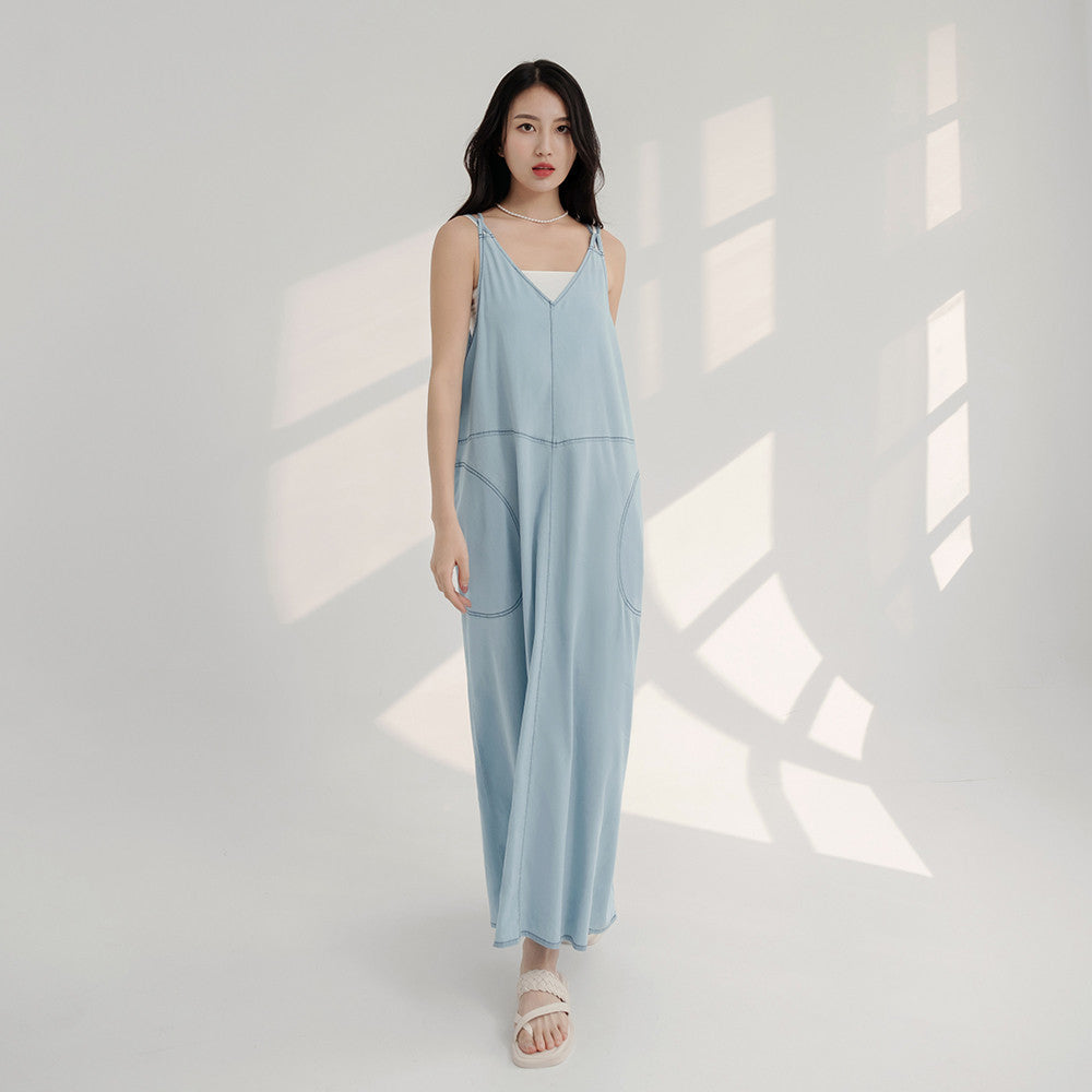 Casual Lightweight Denim Strap Long Maxi Dress