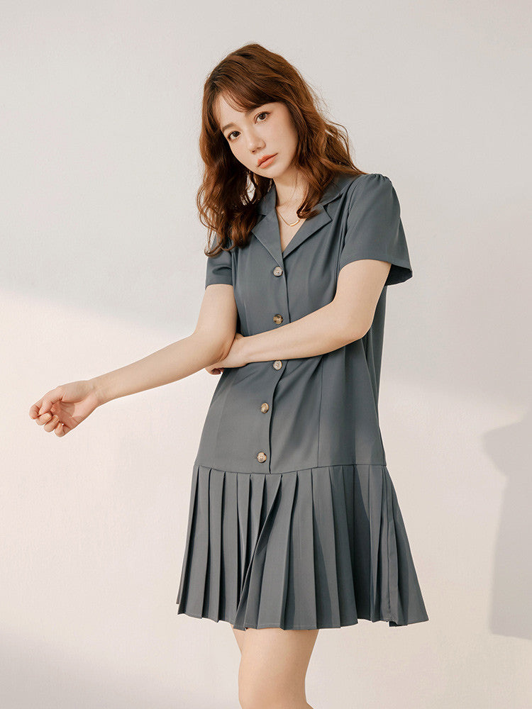 Pleated Button Short Mini Shirt Dress