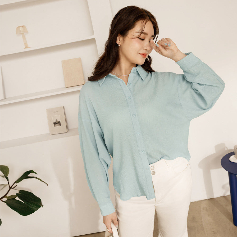 Oversized Iron Free Long Sleeve Loose Button Shirt Top