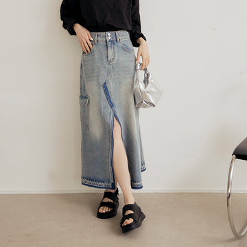 Sexy Denim Washed Pockets Long Slit Maxi Skirt