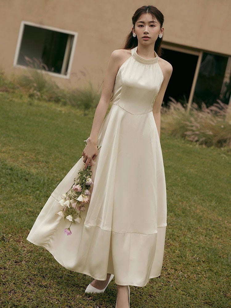 Satin Long Maxi Halter Wedding Summer Party Dress