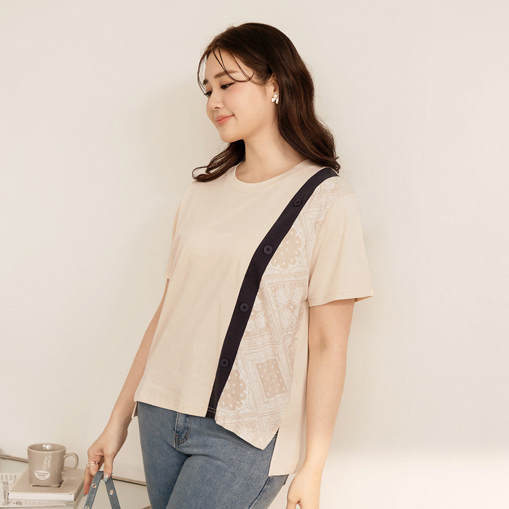 Casual Paisley Patchwork Button Cotton T-Shirt Top