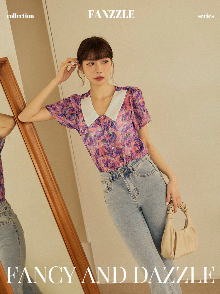 Casual Floral Print Collar Chiffon Button Shirt Top Plus