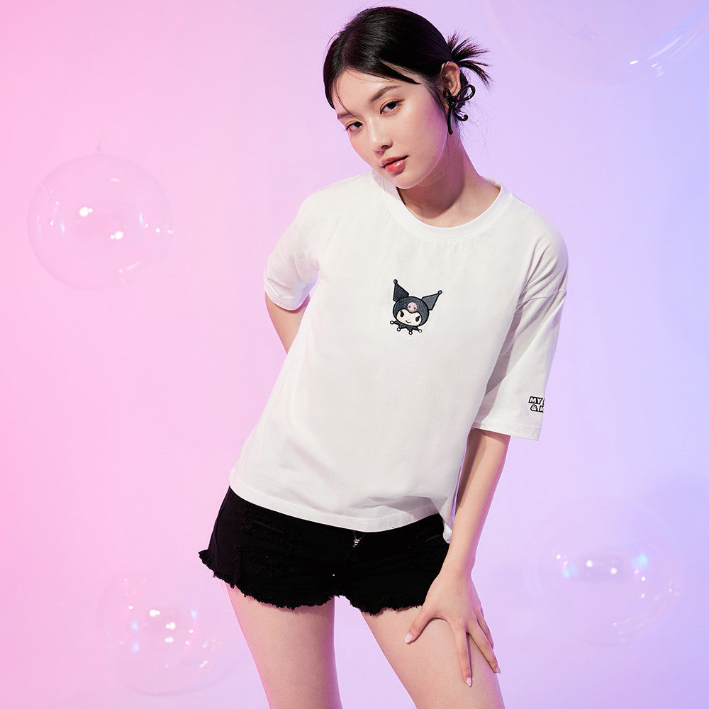 Ob Design Women Casual Sanrio Embroidered Kuromi Melody White T-Shirt Top Plus Size