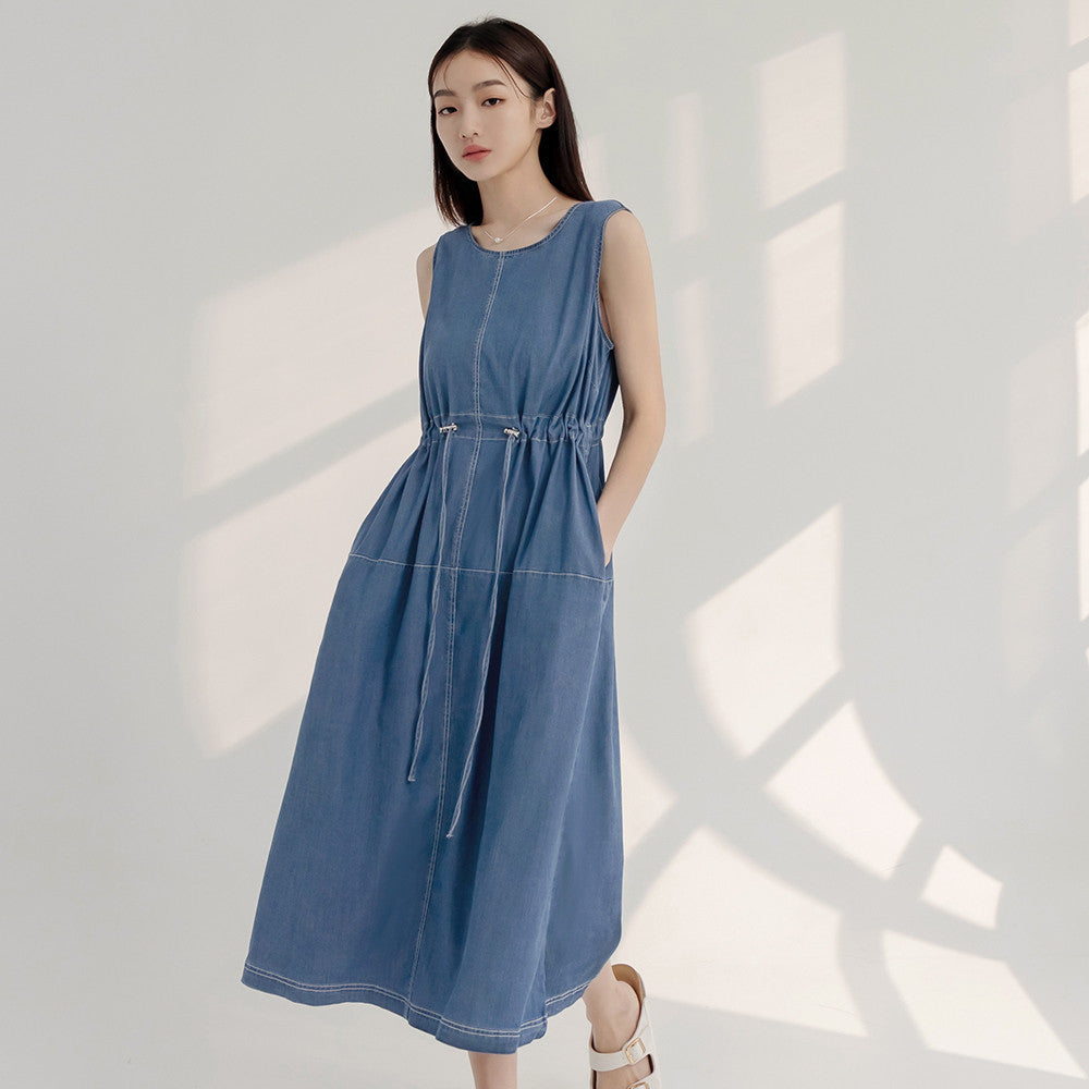 Denim Sleeveless Drawstring Long Maxi Dress