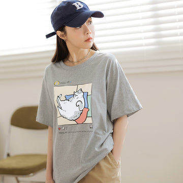 Cat Print Loose Cotton Short Sleeve T-Shirt Top