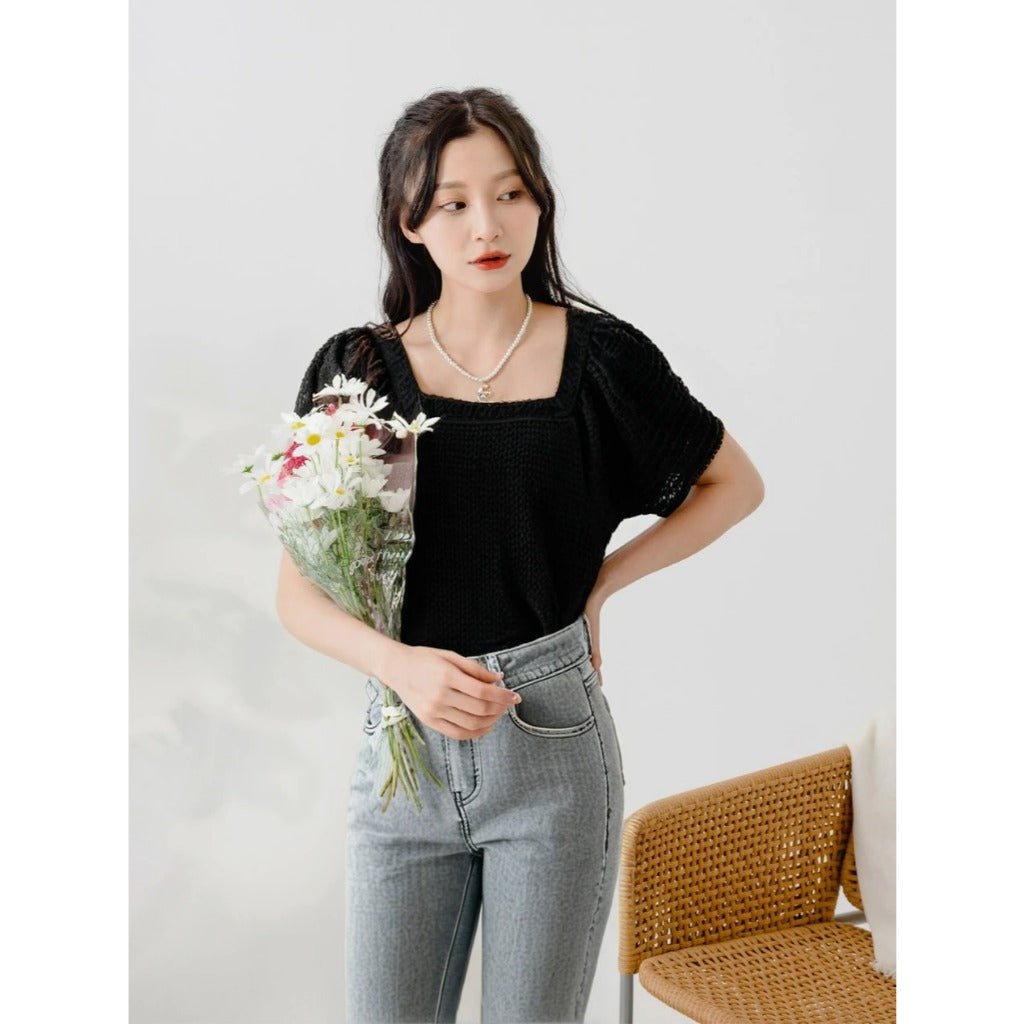 Weekend X Ob Design Women Casual Square Neck Weave Puff Sleeve Blouse Top Plus Size