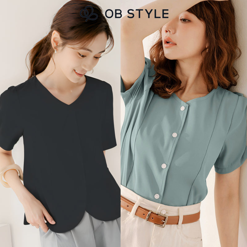 Weekend X Ob Design Women Casual Solid Button Pleated Short Sleeve Shirt Blouse Top Plus Size