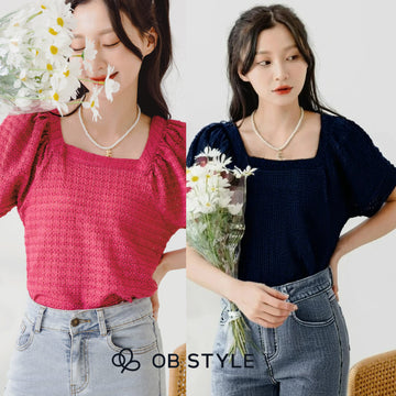 Weekend X Ob Design Women Casual Square Neck Weave Puff Sleeve Blouse Top Plus Size