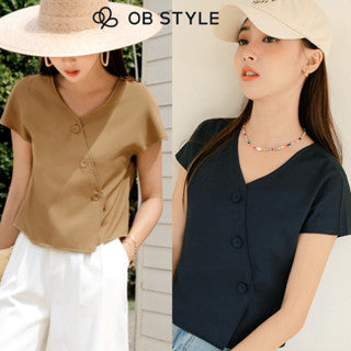 Weekend X Ob Design Women Casual Solid Cropped V-Neck Diagonal Button Short Sleeve Blouse Shirt Top Plus Size