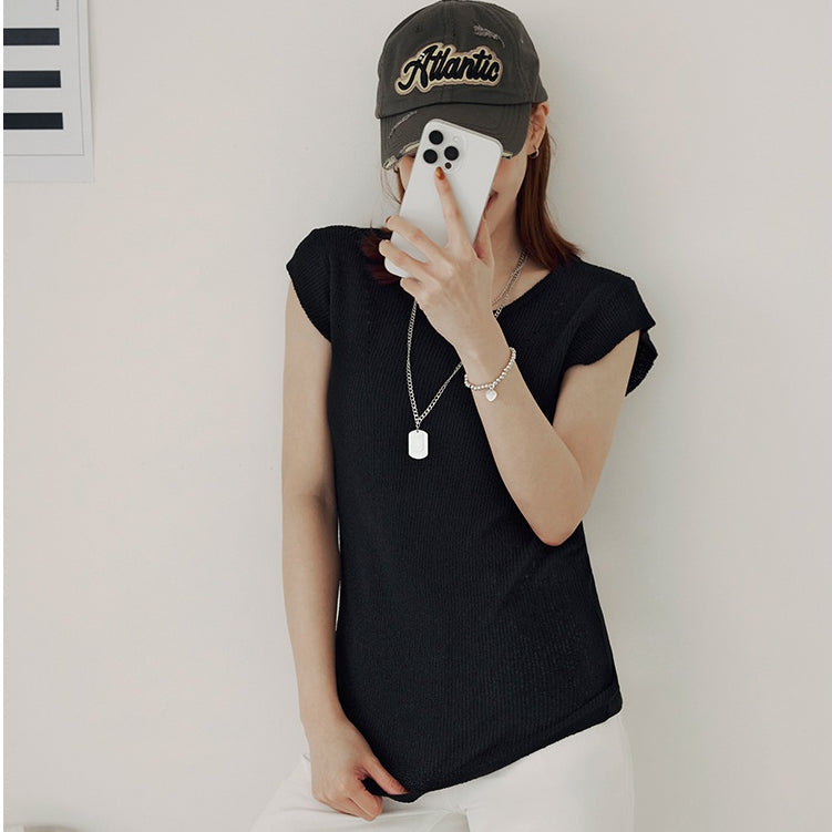 Korean Basic Solid Knit Cap Sleeve Sweater Top