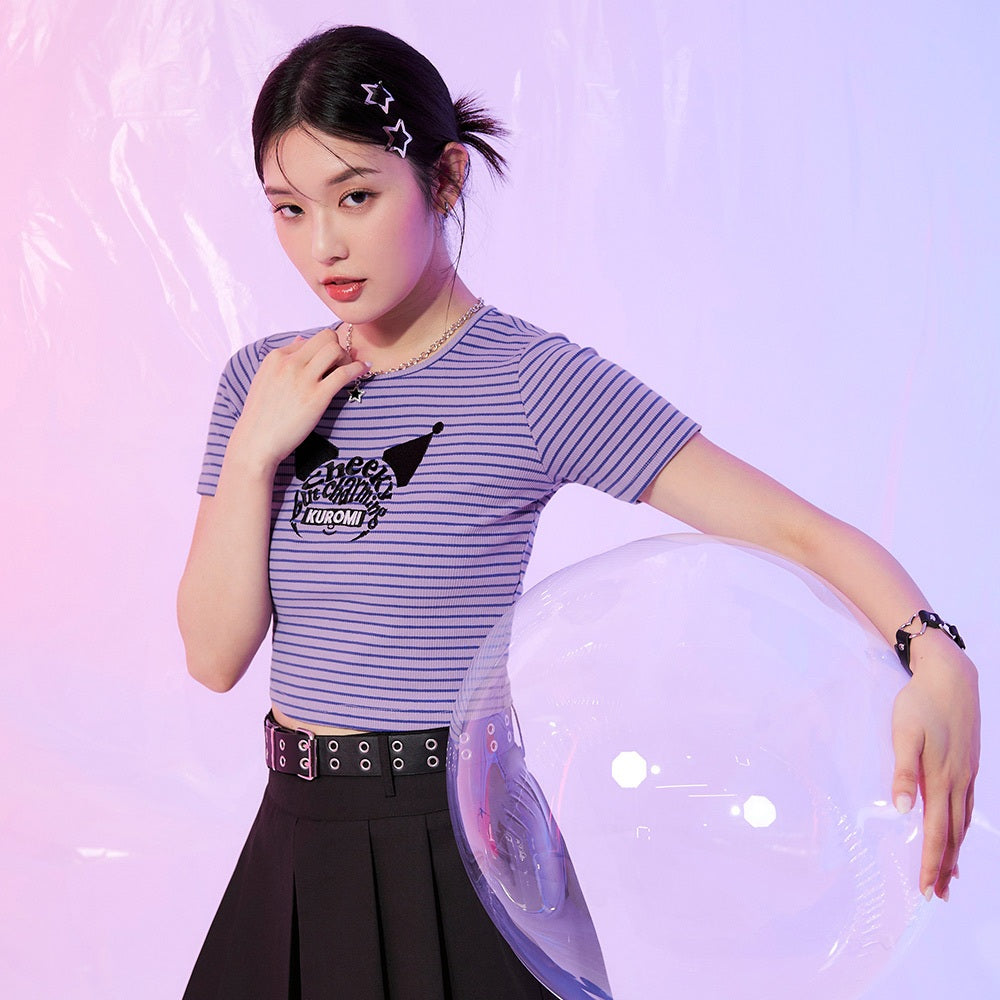 Sanrio Kuromi Short Embroidered Cropped Stripe T-Shirt