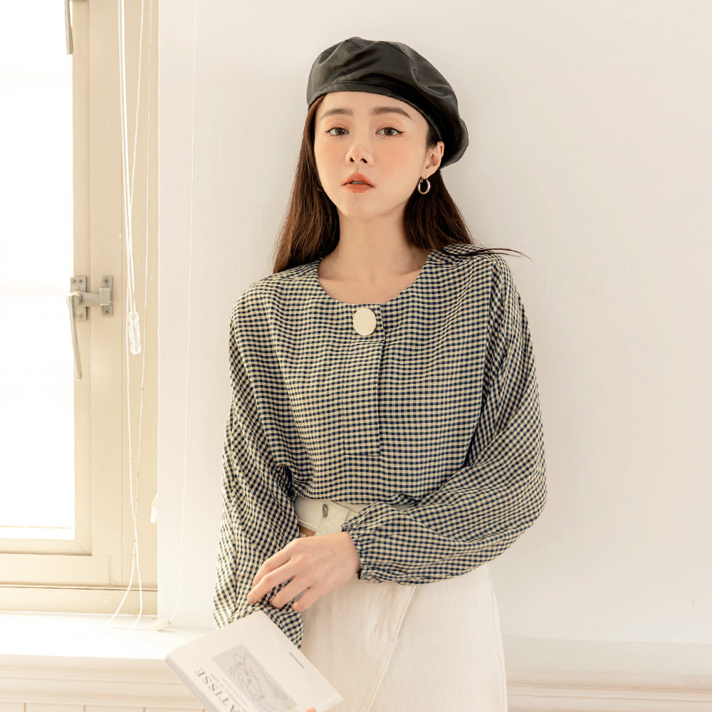 Long Plaid Metallic Stud Half-Button Long Sleeve Top AB16536