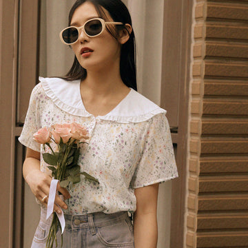 Ditsy Floral Print Chiffon Ruffle Collar Shirt Top