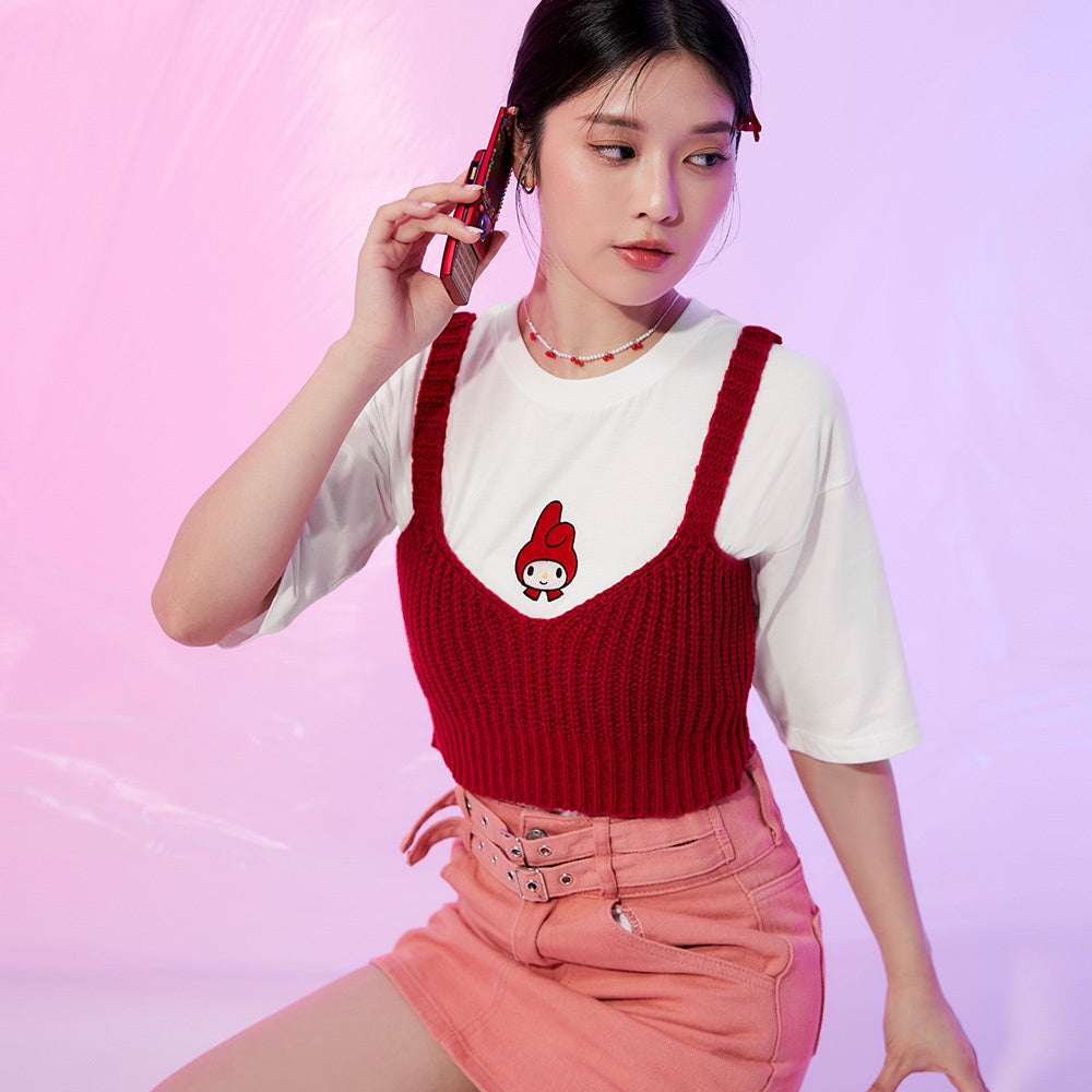 Ob Design Women Casual Sanrio Embroidered Kuromi Melody White T-Shirt Top Plus Size