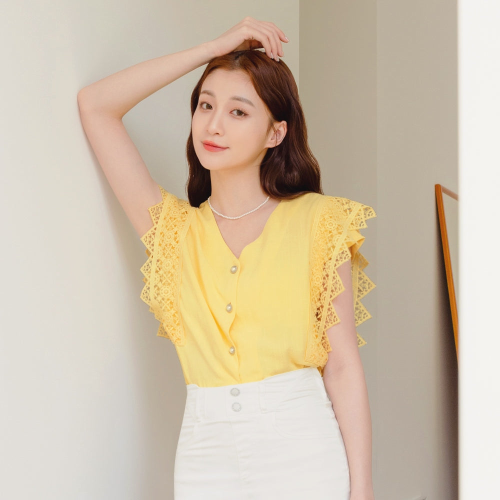 トップス TRUDY V-neck pearl button blouse V-Neck Lace Sleeve Pearl Button Blouse Shirt Top
