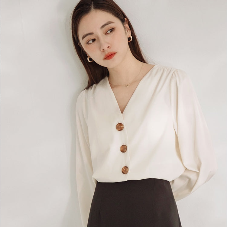 Work Korean V-Neck Button Satin Shirt Top