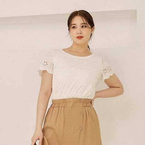 Basic Eyelet Cotton Short Sleeve T-Shirt Top