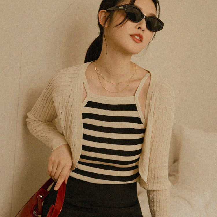 Casual Basic Stripe Knit Two Piece Cardigan Tank Top