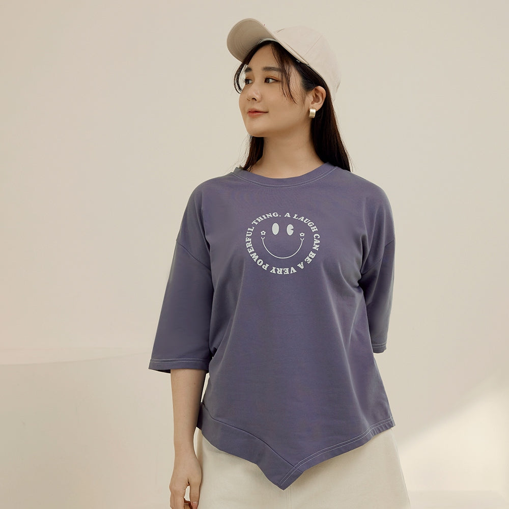 Casual Smiley Face Irregular Hem Cotton T-Shirt Top