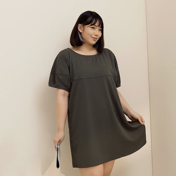 Ob Design Women Basic Plain Wrinkle Free Puff Sleeve Short Dress Plus Size