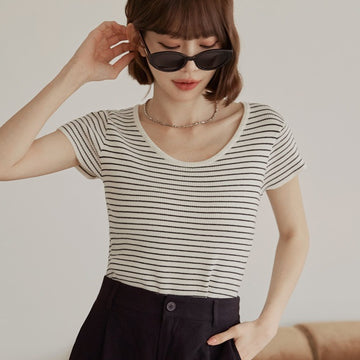 Korean Basic Solid Ribbed Knit Stripe Fitted T-Shirt Top