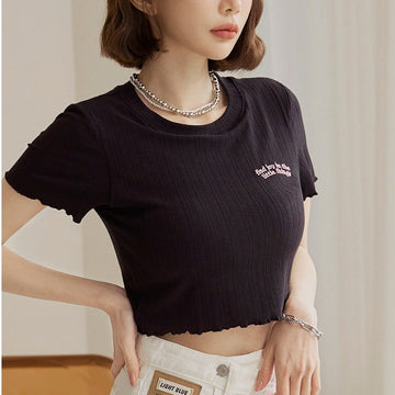 Casual Embroidered Ribbed Short Cotton Crop T-Shirt Top