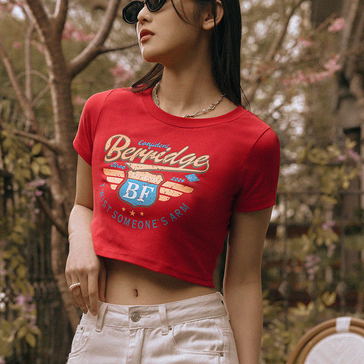 Red Crop Cotton Retro Short Sleeve T-Shirt Top