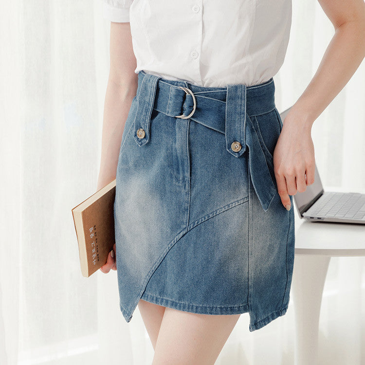 Casual Washed Denim A-Line Belt Short Mini Skirt