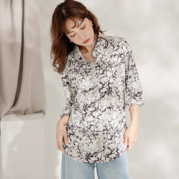 Work Korean Sheer Chiffon Print Long Loose Shirt Top