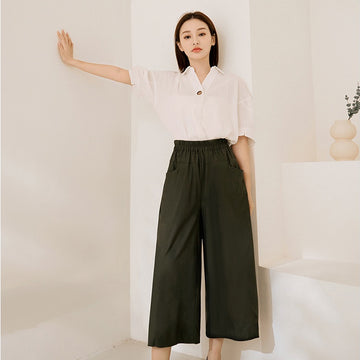 Basic Cotton Elastic Waist Wide Leg Culottes Pants