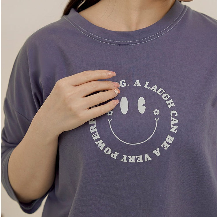 Casual Smiley Face Irregular Hem Cotton T-Shirt Top